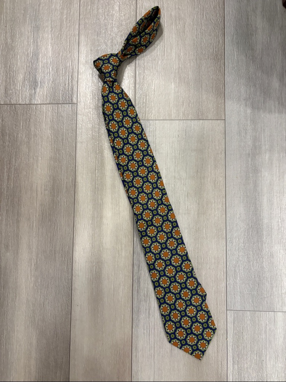 Suitsupply Navy Tie with Orange and Green Floral Medallions